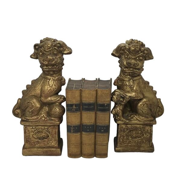Vintage Brushed Gold Foo Dog Chinese Imperial Guardians Lion Bookends- A Pair - Picture 12 of 16